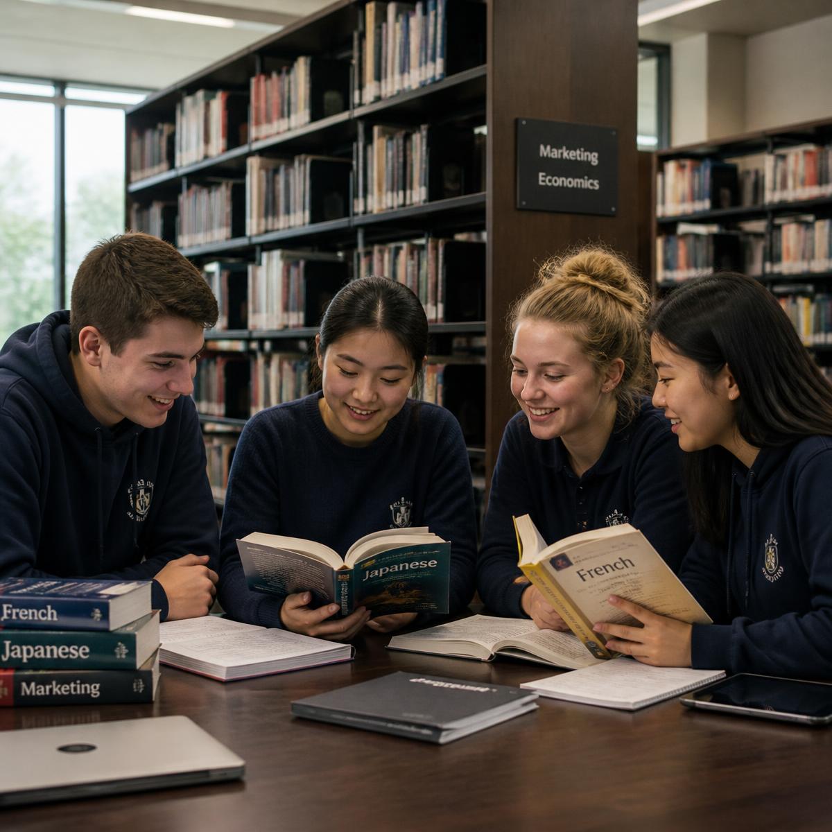 MCC School students studying German, Japanese and French language books together in a library